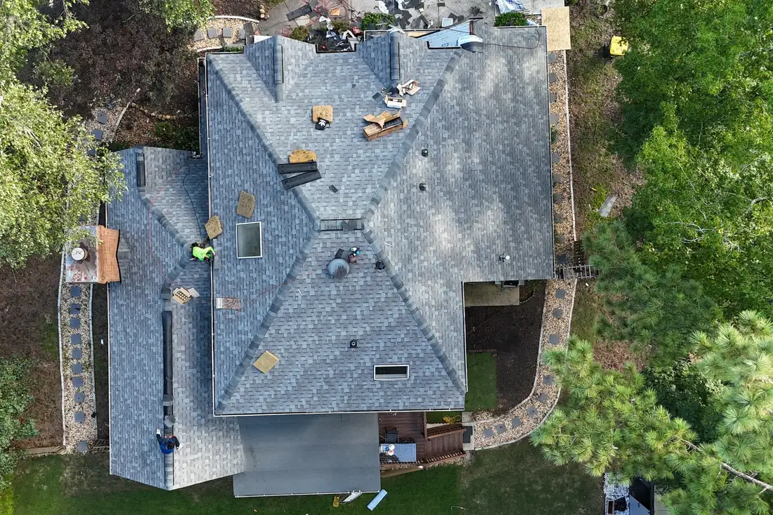 Completed roof replacement, aerial view
